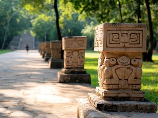 Poster - Detailed Stone Carved Pillars Along A Stone Path In Sunny Park Setting Leading To Staircase
