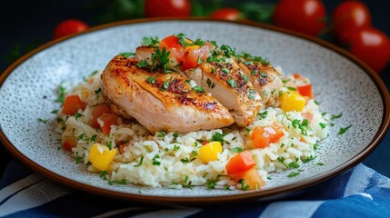 Poster - Grilled Chicken Breast With White Rice And Diced Vegetables Garnished On Ceramic Plate