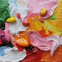 Poster - Abstract Oil Painting with Thick Brushstrokes Showing Vibrant Colors of Pink Yellow and Red