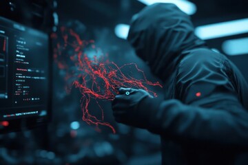 Fototapete - Hooded Figure Manipulating Red Data Streams In Dark Tech Environment