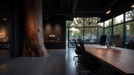 Poster - Modern Office Interior With Tree Trunk Feature Long Wooden Desk and Black Chairs
