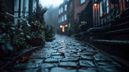 Poster - Wet Cobblestone Street Path In A Rainy Town With Buildings and Greenery Evening Atmosphere