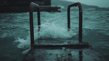 Poster - Stormy Ocean Waves Crashing Over Wooden Pier With Metal Handrails in Dramatic Teal Tones