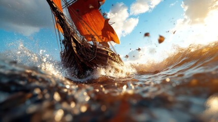 Aufkleber - Small Boat With Orange Sail Sailing On Choppy Ocean Waters Under Bright Sunlight