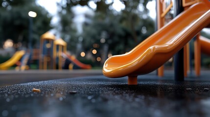 Poster - Orange Slide On Wet Playground With Blurred Background Of Play Structures And Trees