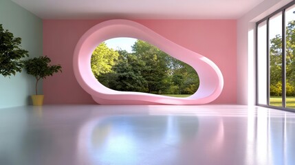 Leinwandbilder - Modern Interior Room With Pink Wall Unique Shaped Window Overlooking Lush Green Trees