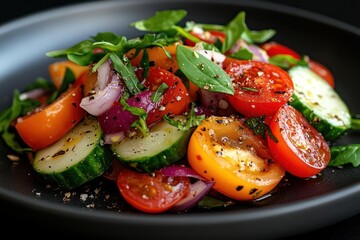Poster - Close Up Of Fresh Tomato Cucumber Salad On Black Plate with Herbs and Seasoning