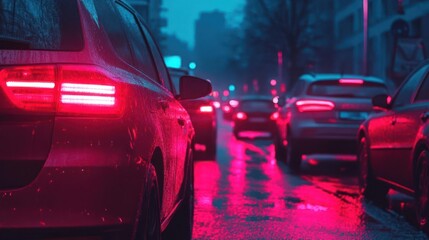 Aufkleber - Rainy City Street View with Cars and Colorful Reflections at Night