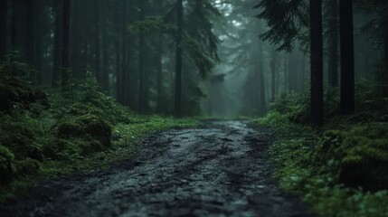 Poster - Misty Forest Path Wet With Rain Through Dense Green Trees Under Atmospheric Lighting
