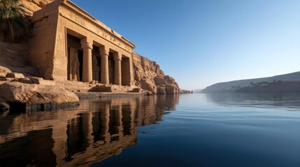 Aufkleber - Ancient Temple Beside Calm River Reflecting In Water Under Clear Blue Sky