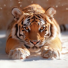 Poster - Orange Striped Tiger Resting In Snow Detailed Fur Portrait And Majestic Gaze Under Soft Light