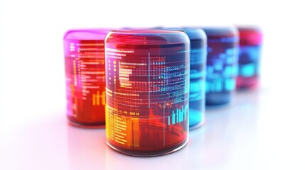 Colorful cylinders containing digital code patterns are in a row