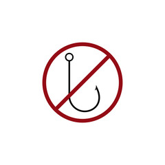Poster - a red circle with a diagonal line over a fish hook symbol, signifying prohibition or warning.