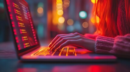 Woman coding on laptop, night city background