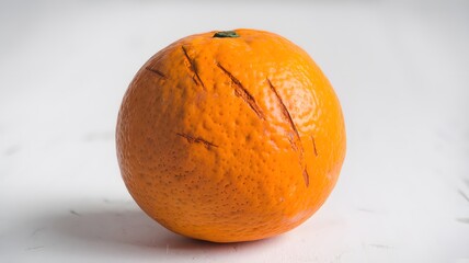 Aufkleber - Fresh Orange, A Vibrant Citrus Fruit, Rests On A Clean, White Surface. The Simple Background Highlights The Fruit's Texture. The Subtle Scratches Add Character. A Healthy Snack Option.
