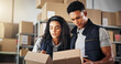 © Einero/peopleimages.com - Supply chain, team and box for quality control, shipping and production with logistics order and courier. People, collaboration and distribution trade for factory, warehouse or industry service