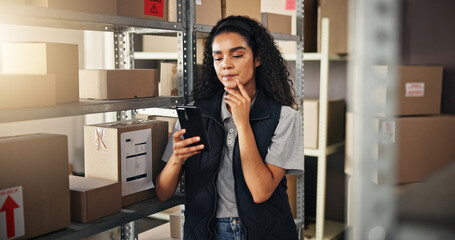 Poster - Warehouse, woman and phone with thinking, logistics and production for quality control or shipping. Courier, technology and distribution for trade or factory, supply chain and ecommerce industry