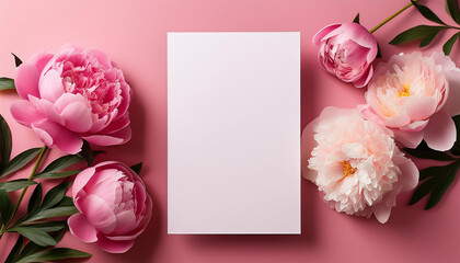 Poster - Pink peonies flowers frame a blank white card on a pink background. A soft floral design provides a delicate and gentle display for invitations, greetings or special messages.
