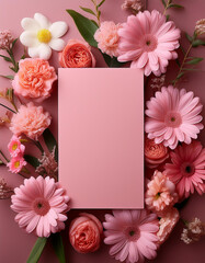 Poster - Pink flowers surround a blank card. Many fresh blooms create a decorative frame on a pink surface. Floral elements add to a plain colored layout. Copy space in the middle invites writing.