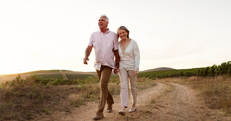 countryside, walking and holding hands with senior couple, romance and relationship with vacation fo