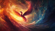 © Thiago - A mystical phoenix materializes in a swirling vortex of colors with an otherworldly aura, abstract background phoenix, colorful aura. Otherworldly Aura. Illustration