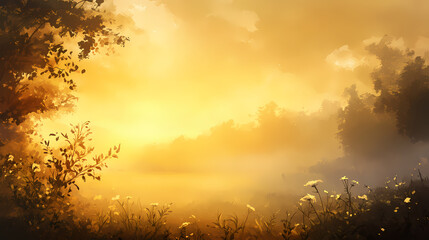 Wall Mural - a warm glow of soft golden light illuminates the evening sky, casting a serene ambiance over the mis