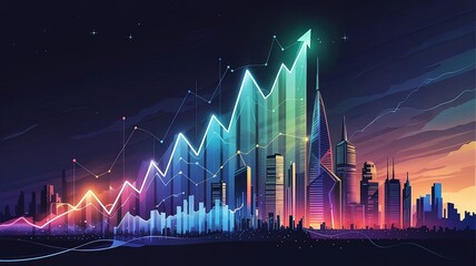 Poster - City of Growth: An impressive illustration showcases an upward trending graph rising dramatically over a skyline, capturing the essence of progress and development.