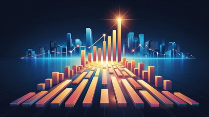 Poster - Digital Cityscape: Dynamic bars depicting business growth in front of a skyline, highlighting market trends and financial success.