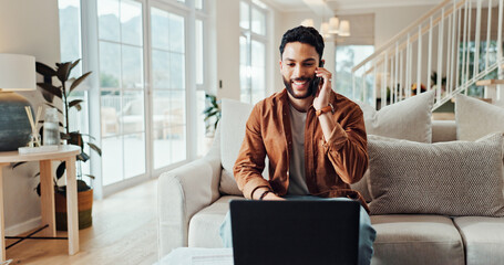Aufkleber - Phone call, online and man with laptop, talking and freelancer with invoice for contact and home. Remote work, graphic designer and person with tech for communication, discussion and payment term