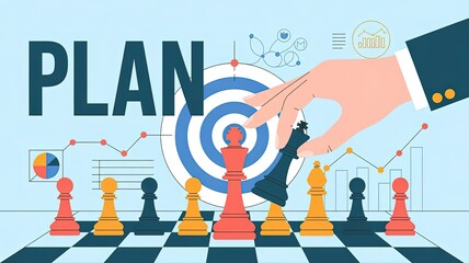 Poster - Strategic Planning: A visual representation of strategic planning and decision-making, with a hand moving a chess piece towards a target, symbolizing goals and strategy. 