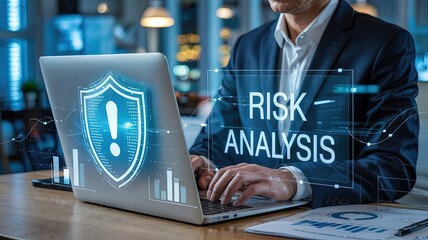 Poster - Navigating Risk: A business professional analyzes data, surrounded by digital security elements, highlighting the importance of risk analysis.