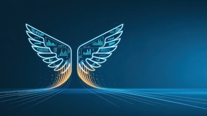 Poster - Digital Wings Soaring: An evocative digital artwork depicts a pair of radiant wings composed of data streams, soaring against a gradient blue backdrop, symbolizing innovation, freedom.