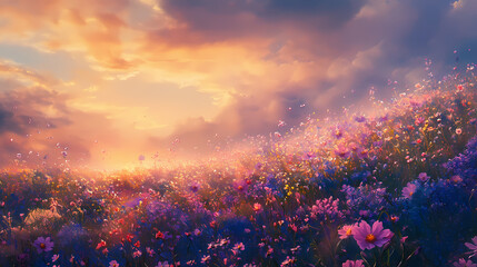 Wall Mural - a field of wildflowers appears to be glowing with an ethereal light, as if it were a mirage created 