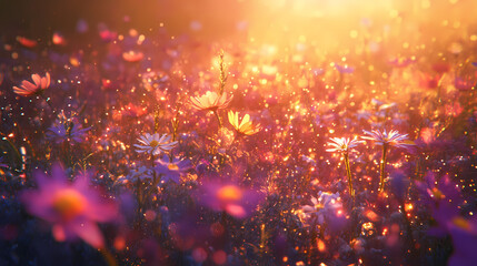 Wall Mural - a field of wildflowers appears to be glowing with an ethereal light, as if it were a mirage created 