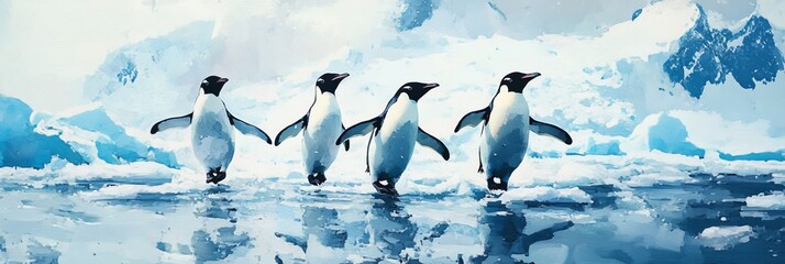 Wall Mural - Penguins waddle across ice in frozen landscape.