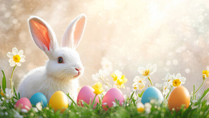Wall Mural - easter background with a white bunny and colorful eggs on the grass with flowers. copy space on the 