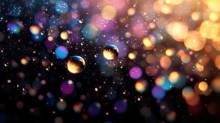 Poster - colorful bokeh lights with two water droplets on glass surface