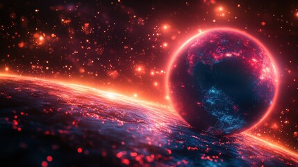 A red and blue planet with a bright orange sun in the background