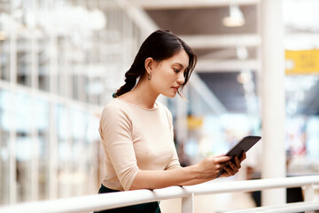 Poster - Digital tablet, reading and business woman check email, app or press release for brand image. Technology, research and creative worker in startup for pr campaign, public relations or online promotion