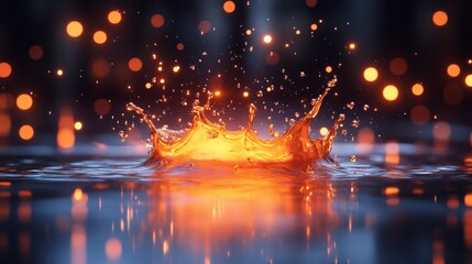 Poster - Liquid Light Symphony: A Captivating Water Drop Splash Illuminated by Warm Lights