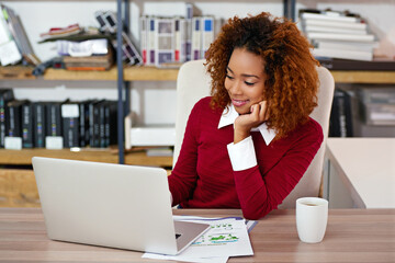 Fototapete - Laptop, documents and business African woman for website review, research and internet. Office, creative startup and happy person on computer with maps for global network, online project and graphs