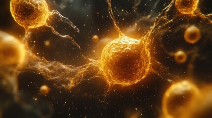 Poster - Golden Cellular Fusion: Abstract Microscopic Dance of Energy