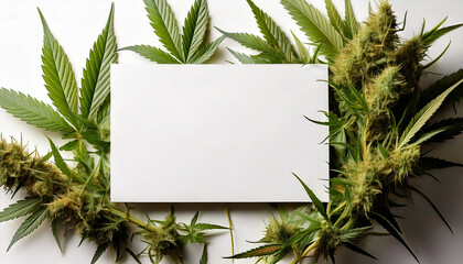 Poster - Green hemp leaves border a white space. Cannabis leaves and buds create a frame around the blank rectangle. Fresh green foliage forms a border around the square on a white surface.