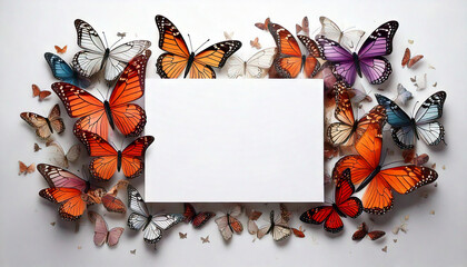 Poster - Butterfly frame. Colorful butterflies on a white background with a blank white rectangle. Butterflies of various colors surround the rectangle, 