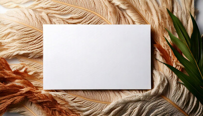 Poster - Blank card on fluffy tan feather and green leaf background. White space for text surrounded by soft neutral colors. Copy space for design. Minimalist style template for message.