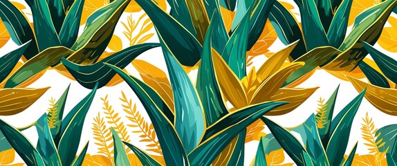 Golden aloe vera leaves vector pattern abstract design illustration background