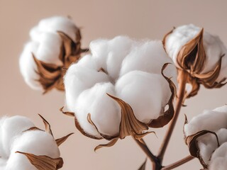 Aufkleber - Cotton Ball Flower Close-up, A Delicate Bloom Showing Soft Fluffy Fibers. Beige Background, Gentle Lighting. Angled Shot. A Pretty Natural Wonder.
