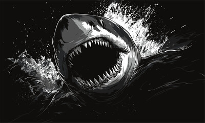 fierce great white shark in ocean splash – black and white vector