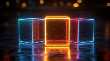 Poster - Neon Glowing Cubes in Dark Environment with Bokeh Background Effects