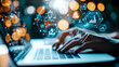 © pj - Digital Symphony: In the heart of a digitally-rich environment, a person's hands dance across a laptop keyboard, intertwined with digital symbols and sparkling bokeh.